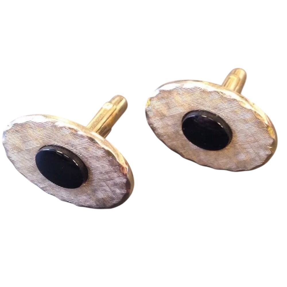 Vintage Dante signed Cufflinks textured silver on gold ovals black onyx centers